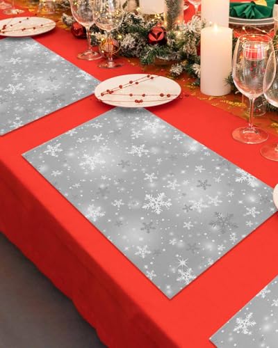 Grey Snowflake Christmas Placemat Set of 4 - Winter Table Decor, Washable Polyester