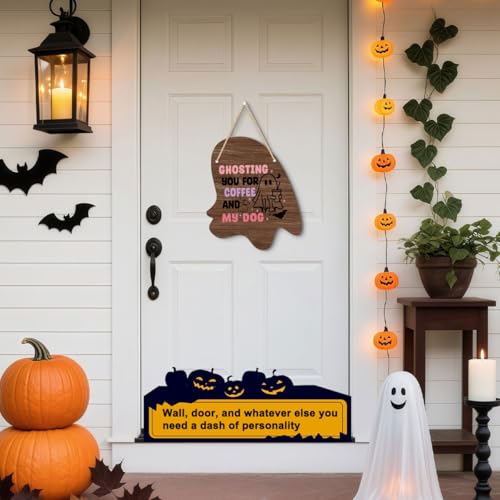 Halloween Wall Decor Ghost Sign - Irregular Wooden Ghost Hanging Sign with Jute Rope - Ghosting Variation