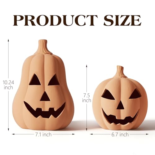 Set of 2 Handmade Terracotta Jack O'Lantern Halloween Decorations