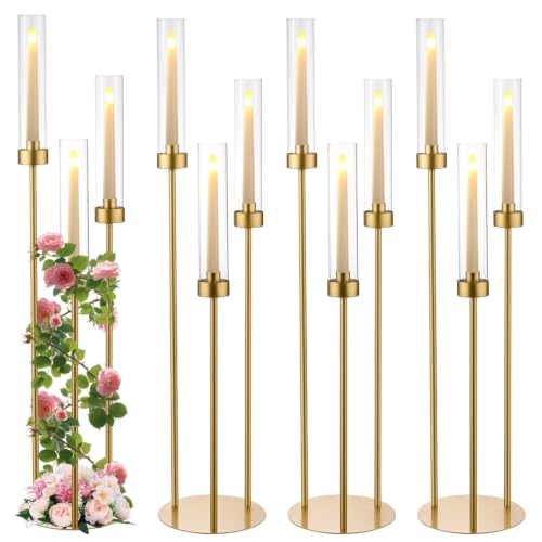 Gold 34in 4PCS Wedding Candelabra Set with 3 Arms & LED Candle Holders - Elegant Table Centerpieces