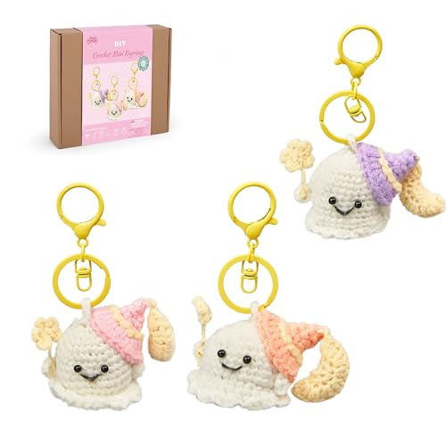 Crochet Keychain Kit for Beginners - Make 3 Mini Ghost Charms with Video Tutorial - Keychain-3 P&W