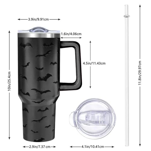 40oz Halloween Bat Print Stainless Steel Travel Mug with Handle & Straw