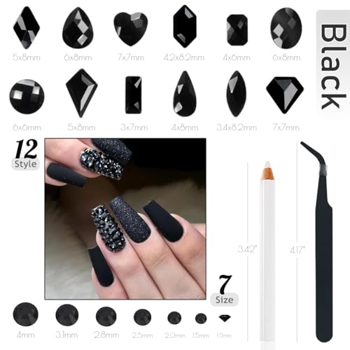 Black Nail Rhinestones Set with Multi-Shaped Flatback Gems - 4080 Pcs with Tweezer & Pickup Pen - Jet Black