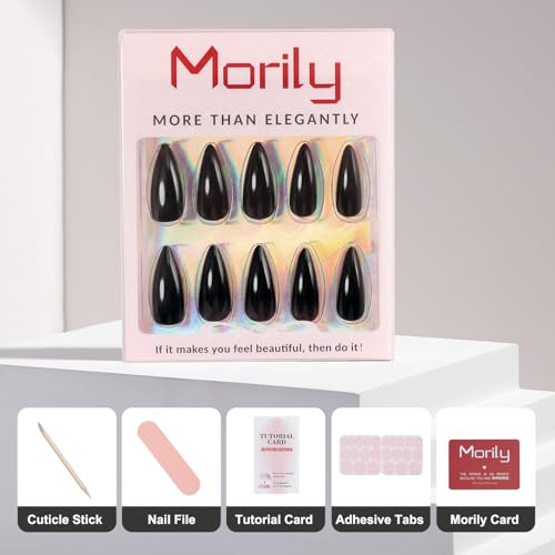 Morily 24Pcs Black Stiletto Press-On Nails Medium Length Almond False Nails for Women