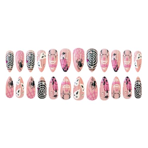 Halloween Press On Nails with Clown Ghost Rhinestones & Spider Web Design - Pink & Purple, 24Pcs