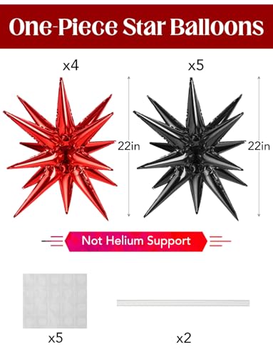 Black Red Star Foil Balloons Set - 9pcs 22 Inch Explosion Spike Balloons for Party Decorations