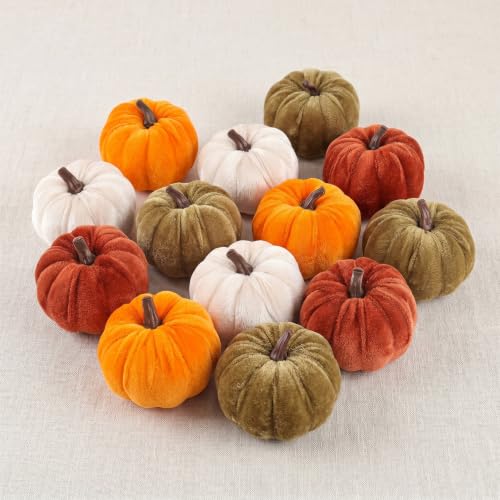 Velvet Mini Pumpkins Decor Set - Fall Thanksgiving Table Accents, 12 Pcs