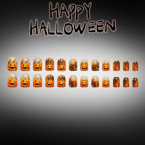 Halloween Press-On Nails Short Square with 3D Pumpkin Spider Web Glitter Rhinestone Designs, Orange & Black, 24Pcs