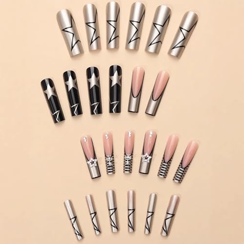 BABALAL Long Square Acrylic Press-On Nails with Silver Chrome & Star Cross Charm - Variation FNYA101