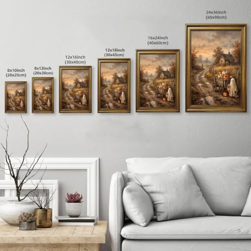 Vintage Halloween Wall Art Canvas Print with Gold Frame - Ghost Pumpkin Scene, 12x16 Inch - Style 1