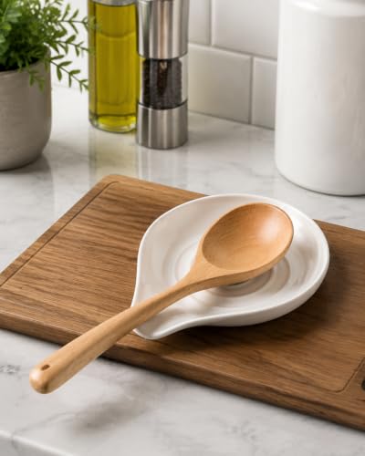 Ceramic Spoon Rest - White Kitchen Spoon Holder for Stove Top - 6.1x5 Inches - LAUCHUH