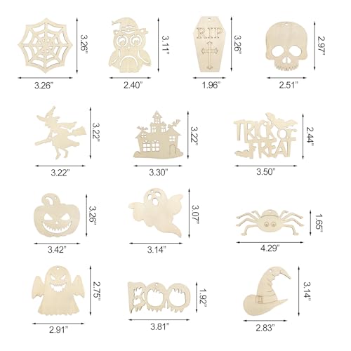 Halloween Wooden Cutout Ornaments Set - Unfinished Ghost Pumpkin Witch Shapes