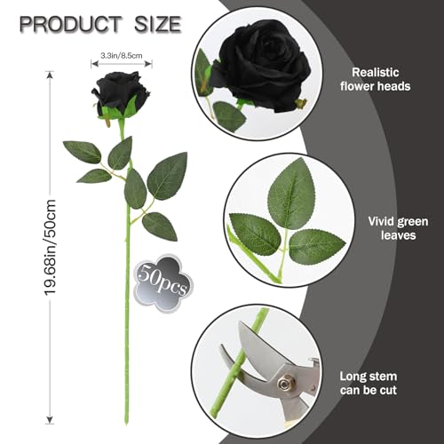 Black Artificial Silk Roses Set of 50 – Realistic Long Stem Flowers for Weddings & Decor