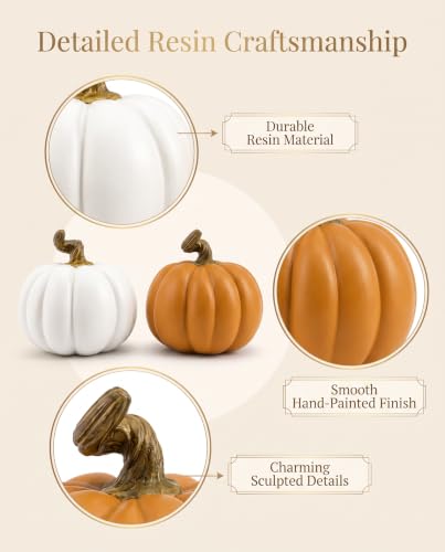 Set of 2 Fall Resin Pumpkin Decorations - White & Orange 4 Inch