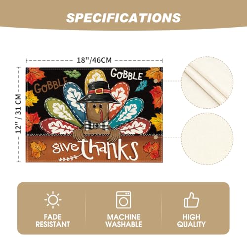 Black Turkey Give Thanks Thanksgiving Placemats Set of 4 - 12x18 Inch Seasonal Table Mats