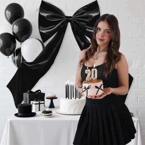 Black Satin Ribbon Tie Hanging Decor - 24x42 Inch Large Black Bow - Elegant Party Backdrop