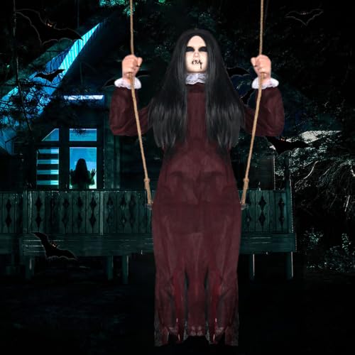 Halloween Hanging Swinging Ghost Decoration - Creepy Girl Prop, Outdoor & Indoor, Red Variation