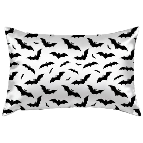 Queen Satin Pillowcase with Hidden Zipper - White Bat Design, Cooling & Breathable, 20x30 Inch