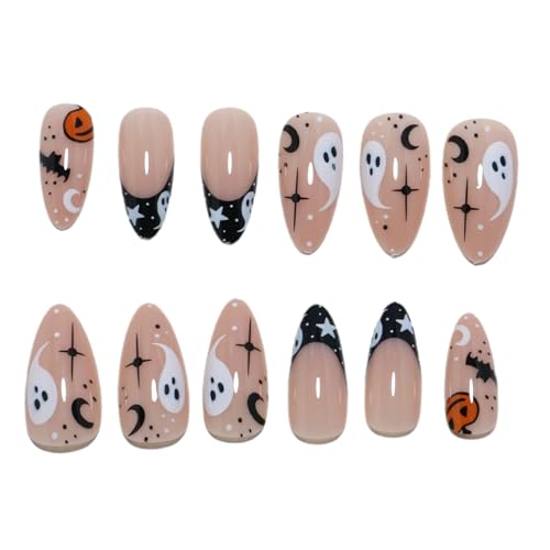 Halloween French Tip Press On Nails - Medium Almond Glitter Pumpkin Ghost Bat Design - 8-Cute Spooky Bat Variation