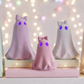 Pink Flocked Halloween Ghost Figurines Set with LED Timer - Cute Decor