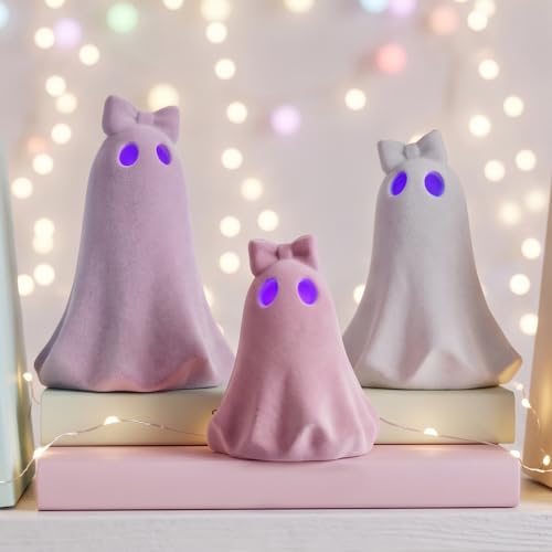 Pink Flocked Halloween Ghost Figurines Set with LED Timer - Cute Decor