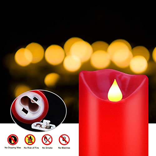 Red Flickering LED Candles Set of 3 - Real Wax Flameless Pillars with Remote & Timer