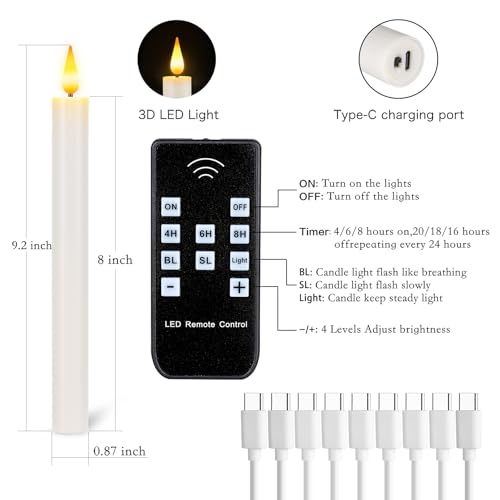 9Pcs Rechargeable Flameless Taper Candles with Remote & Timer - White LED Flickering Candle Sticks for Home Wedding Halloween Christmas Decor