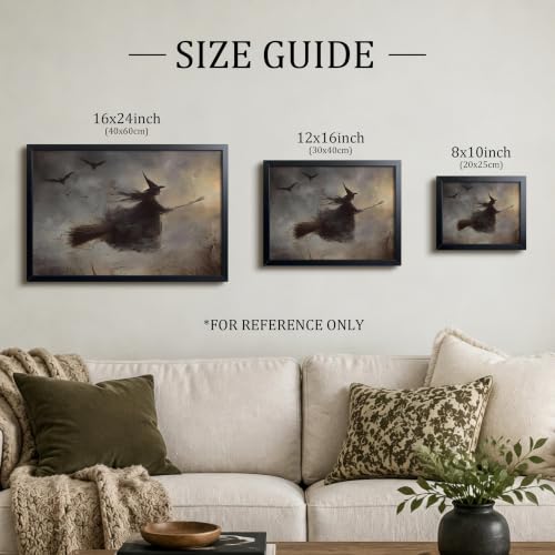 Halloween Wall Art - Framed Witch Riding Broom Canvas Decor 8x10 Inch Variation C