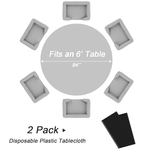 Disposable Black Round Plastic Tablecloth - 2 Pack, 84 Inch for Events & Parties - Variation of A1 Black / 2 Pack