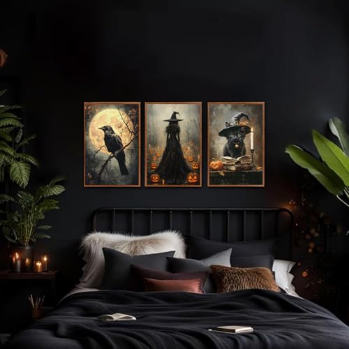 Halloween Gothic Wall Art Set - Black Cat & Witch Prints, 16x24 Inches - Dark Halloween Decoration