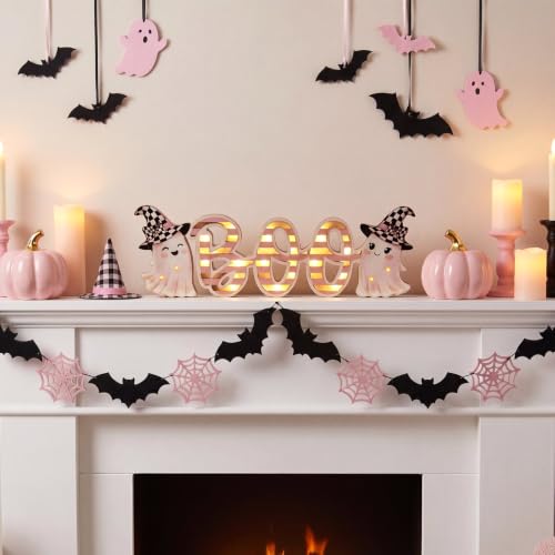 Pink Halloween LED Wooden Sign - Ghost Design, Rustic Home Decor, 3x4 Inches - Variation: Pink Ghost