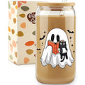 Halloween Ghost Cat Glass Cup 16Oz Iced Coffee Mug with Lids & Straws - Spooky & Cat Variation