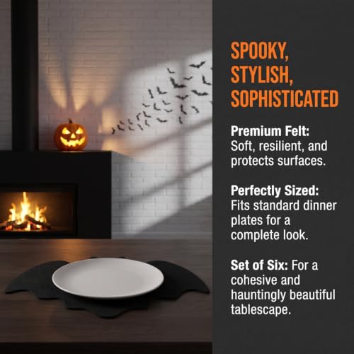 Halloween Felt Bat Placemat Set - Reusable Black Table Mats for Dining