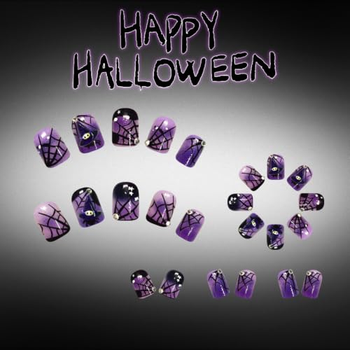 Halloween Witch Press on Nails Short Square Black Purple with Cap & Cobweb - Style27