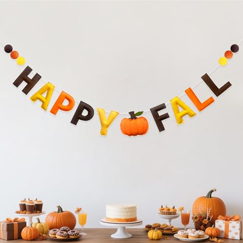 Happy Fall Felt Pumpkin Garland Banner - Autumn Thanksgiving Wall Decor with Wool Felt Balls - Variation: Happy Fall