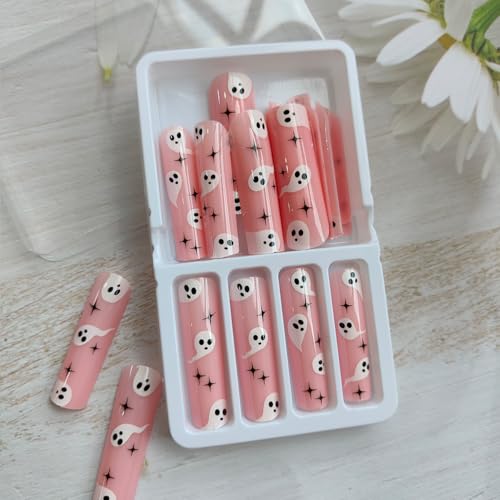 Halloween Ghost Fake Nails - Extra Long Press-On Nails with White Ghost Design
