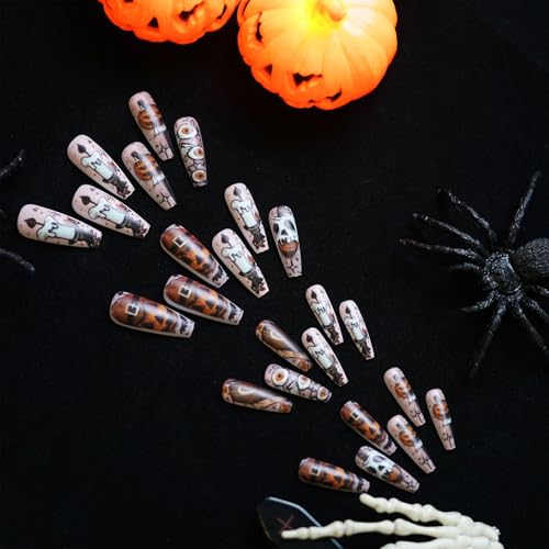 Halloween Press on Nails Long Square Fake Nails with Pumpkin Candy Evil Eye Candle Coffin Design - Variation 5