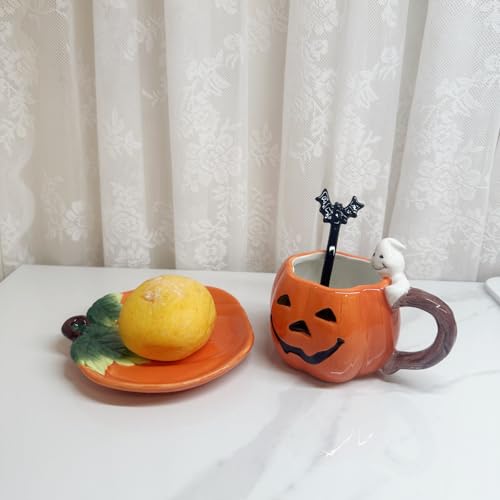 Halloween Pumpkin and Ghost Ceramic Mug Set - 6oz Hand-Painted Coffee Tea Cup with Saucer & Bat Spoon