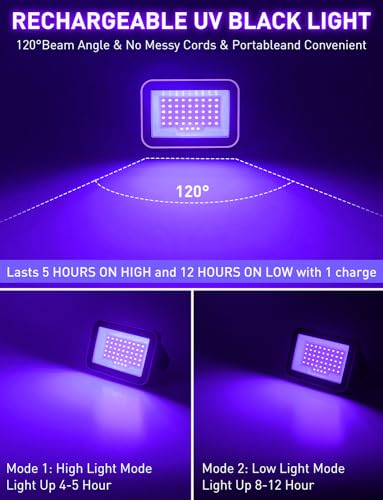 Rechargeable LED Black Light 2 Pack - Portable UV Flood Light for Party Halloween Fishing