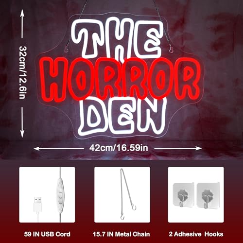 The Horror Den Neon Sign Spooky Wall Decor for Halloween Party and Horror Rooms - USB Powered