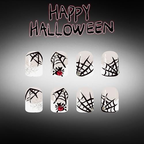 Halloween Press On Nails Short Square Silver Spider Web Glitter Rhinestones - Variation 1
