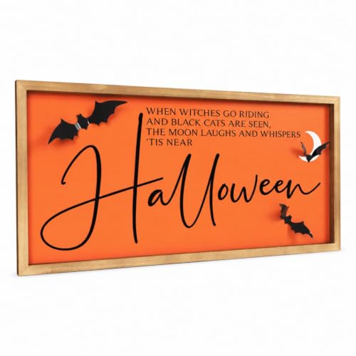 Halloween Wall Art Framed with 3D Bats - Orange Sign for Indoor Decor