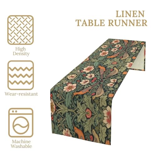 William Morris Table Runner Vintage Rustic Green Floral & Nature Design - 13x90 Inch Style-3