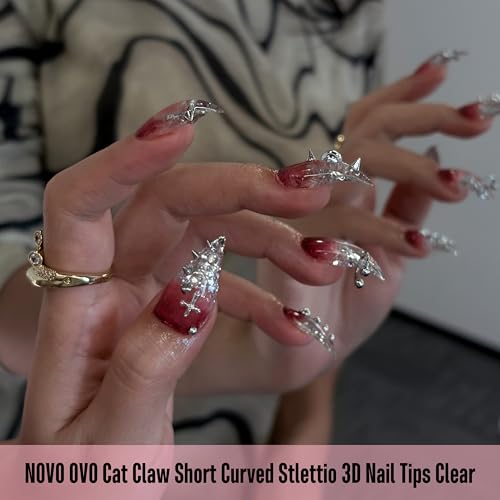 Cat Claw Short Curved Stiletto 3D Nail Tips - Clear 128 Pcs, Halloween & Cosplay