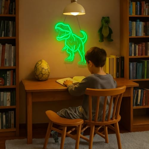 Green Dinosaur Neon Sign Wall Decor - USB Dimmable Night Light for Boys Bedroom, Party & Holiday Gift