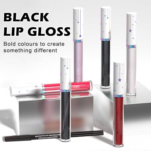 Black Lipstick and Lip Liner Set with Pearlescent Lip Gloss for Halloween and Gothic Makeup