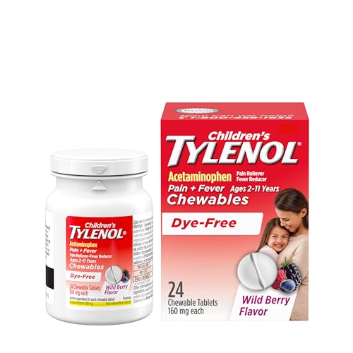 Children's Tylenol Dye-Free Chewables, 160 mg Acetaminophen Pain Reliever & Fever Reducer for Kids' Cold + Flu Symptoms, Headache, Sore Throat & Toothache, Aspirin-Free, Wild Berry, 24 ct