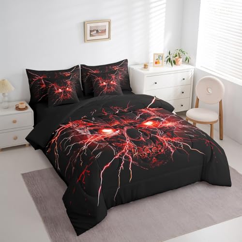 Black Red Gothic Bed in a Bag King Comforter Set 7 Pieces Halloween Skeleton