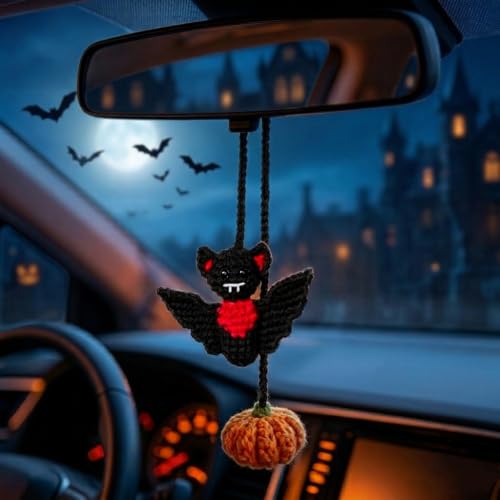 Halloween Crochet Bat & Pumpkin Car Mirror Hanging Decor - Spooky Gothic Interior Ornament