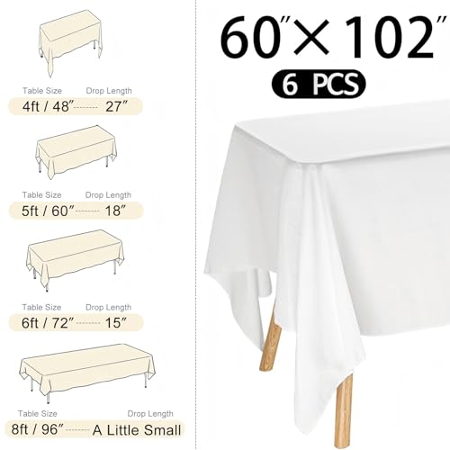 Rectangle White Table Cloth 6 Pack 60x102 Inch Washable Polyester for Wedding Parties